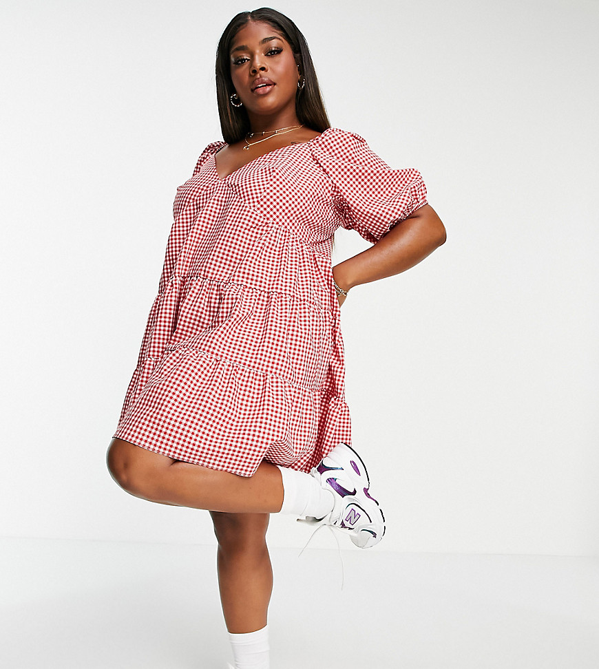ASOS DESIGN Curve tiered mini smock dress in red and white gingham-Multi