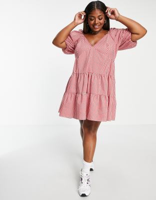 asos design mixed gingham and floral tiered mini smock dress ASOS DESIGN Curve tiered mini smock dress in red and white gingham