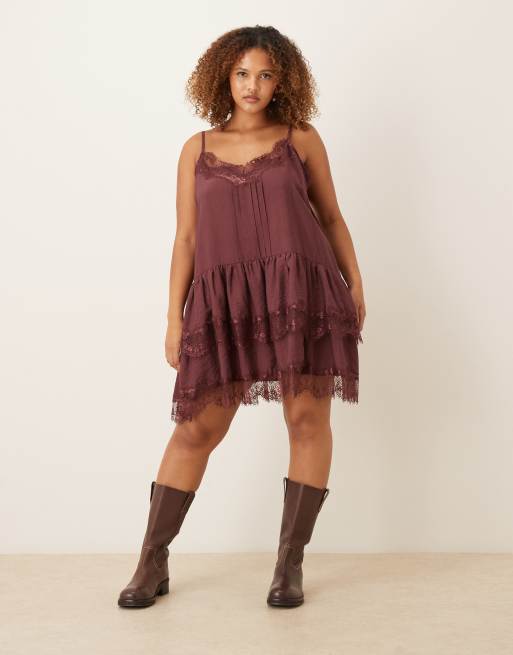 ASOS DESIGN Curve tiered ruffle lace detailing satin cami mini dress in  brown | ASOS