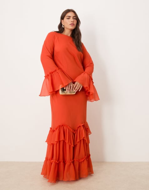 ASOS DESIGN Curve tiered ruffle long sleeve chiffon maxi dress in red - view 1