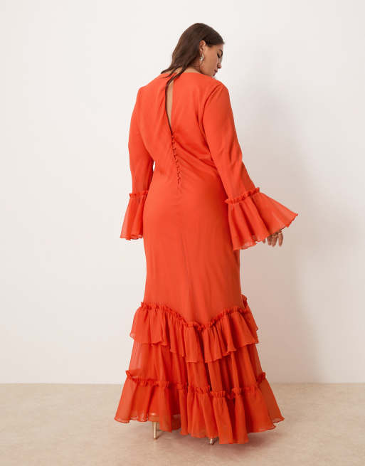 ASOS DESIGN Curve tiered ruffle long sleeve chiffon maxi dress in red