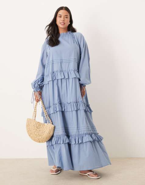 ASOS DESIGN Curve tiered ruffle maxi dress with ties in smokey blue - view 1