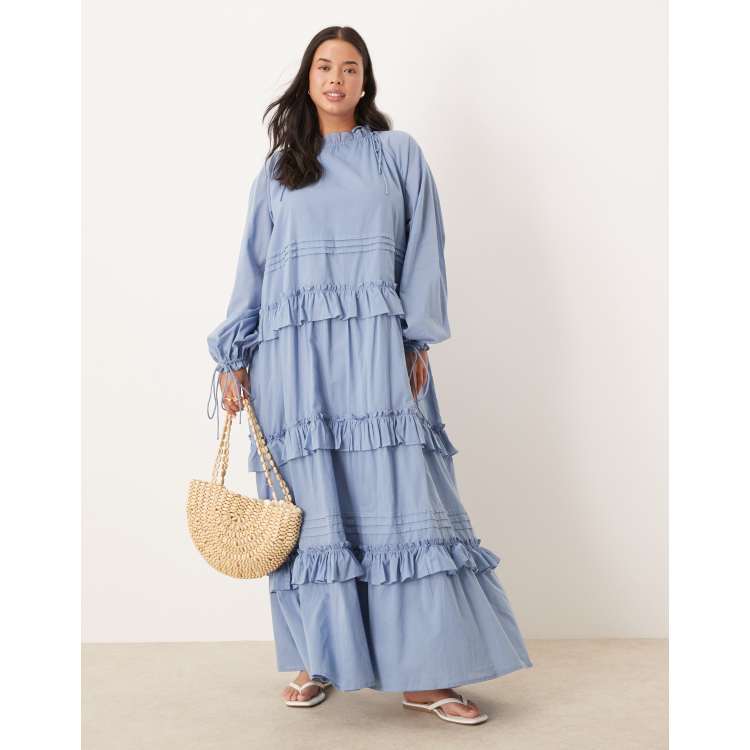 asos design tiered ruffle maxi dress with tie back ASOS DESIGN Curve tiered ruffle maxi dress with ties in smokey blue
