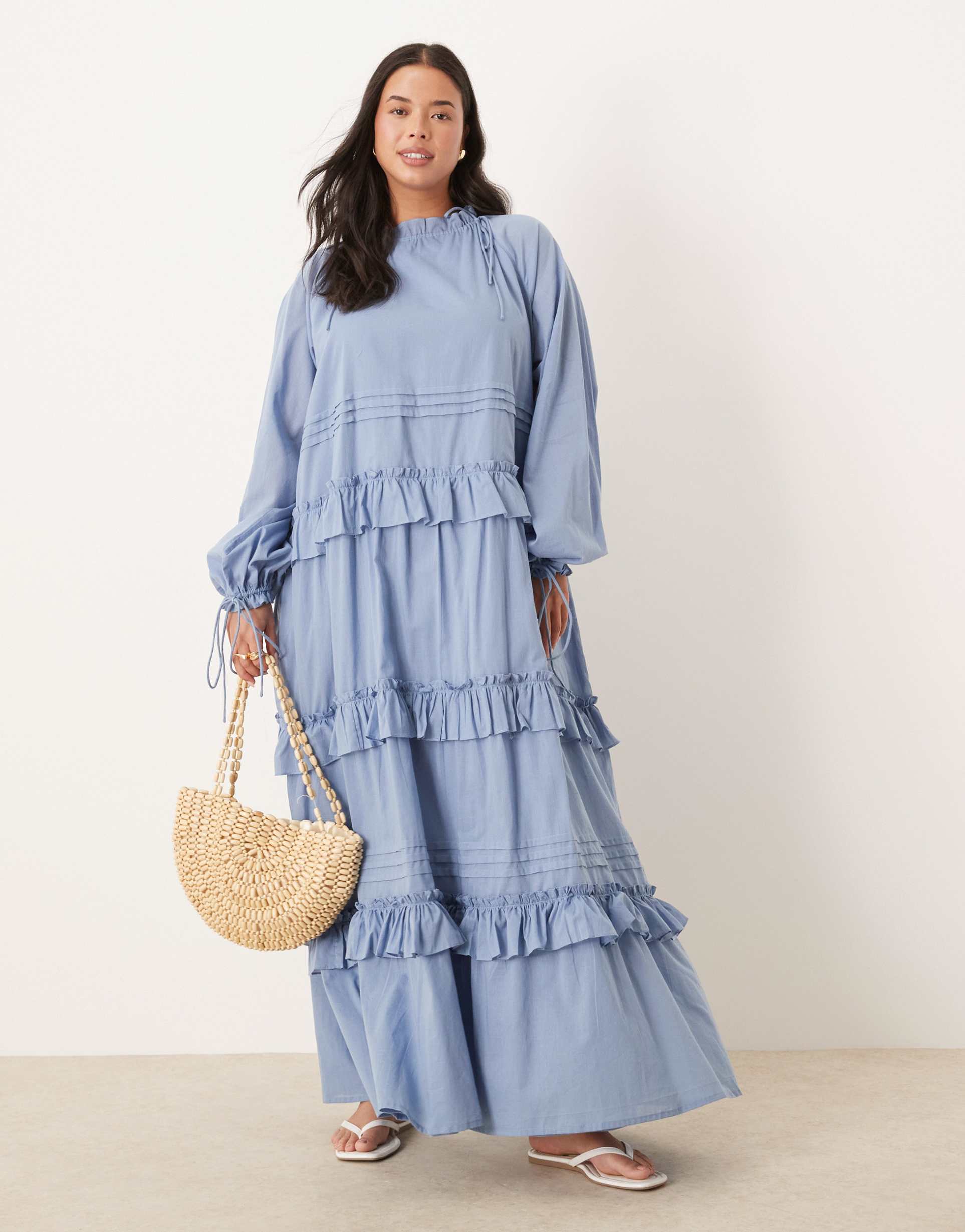 asos design curve tiered ruffle maxi dress with ties in smokey blue