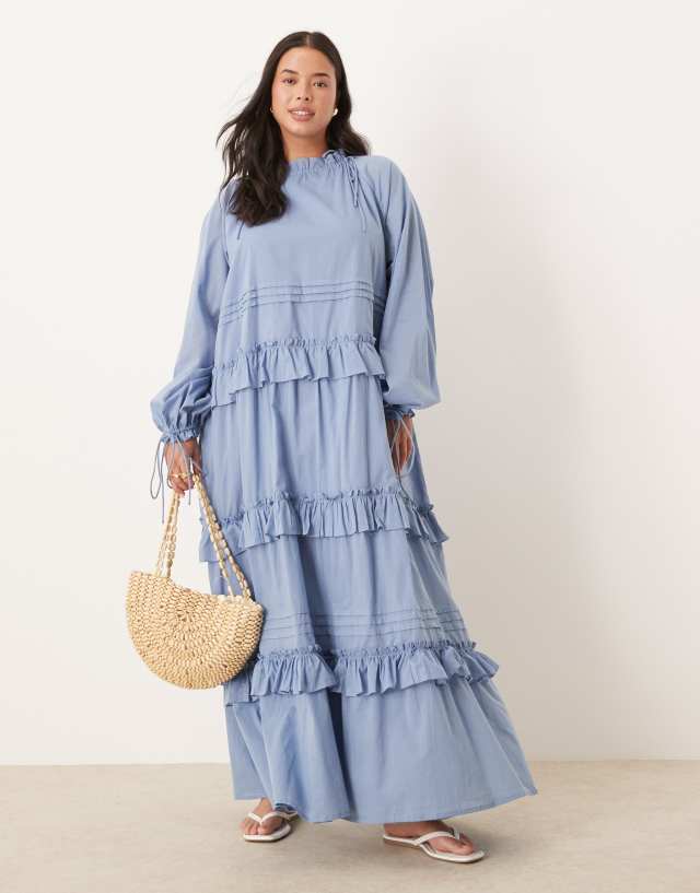 blue ruffle dress asos DESIGN Curve tiered maxi with ties in smokey The side zip closure _rec:38ac7c6a-621a-81a8-bdbb-ef94a620adf7:soera Sleeveless zipper dress, Calvin Size:XS (4-6)