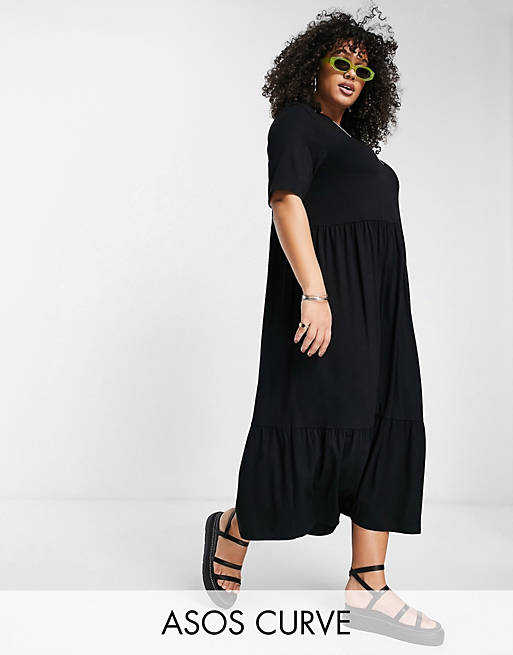 ASOS DESIGN Curve tiered smock T-shirt midi dress in black | ASOS