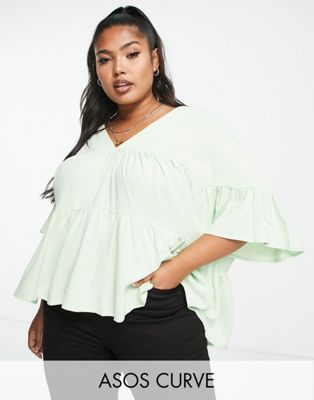 ASOS DESIGN Curve tiered smock top with frill sleeve in apple