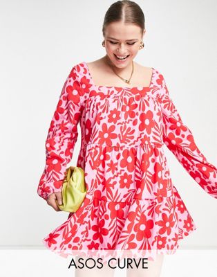 ASOS DESIGN Curve tiered square neck smock mini dress in red and pink floral