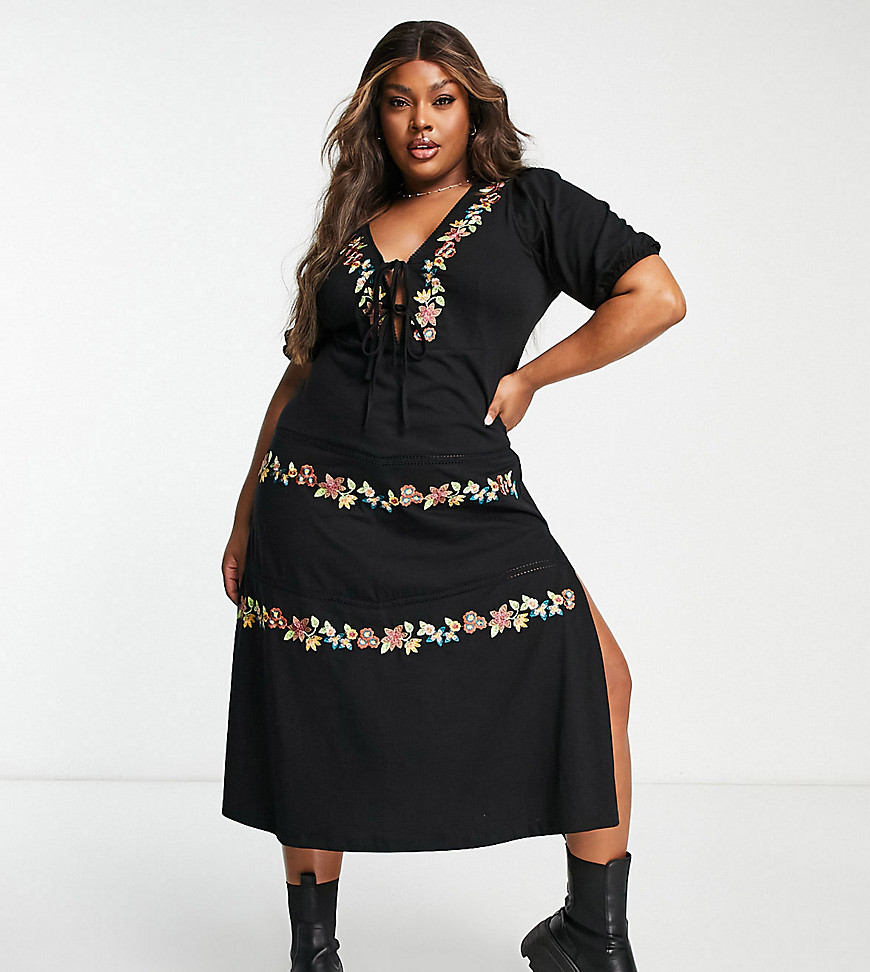 ASOS DESIGN Curve tiered tie front midi dress with floral embroidery in black