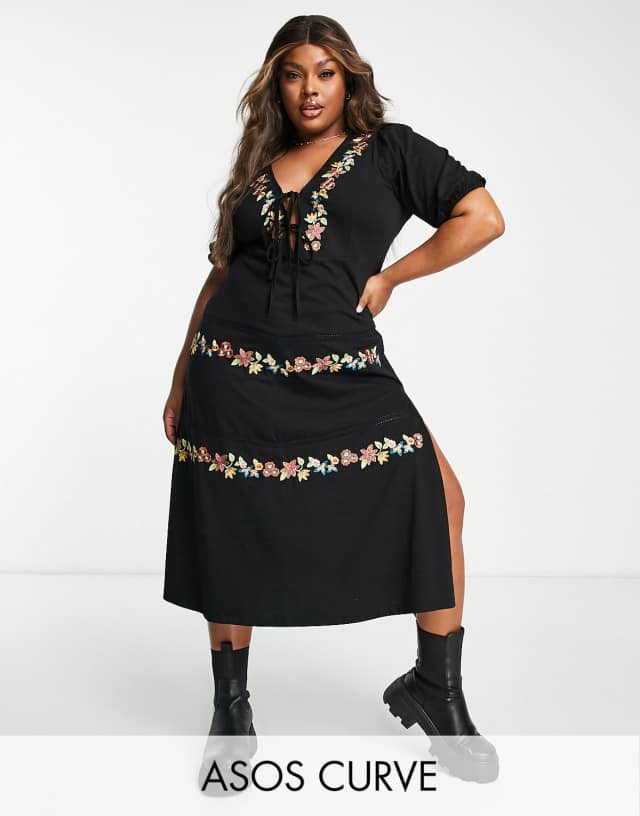 ASOS DESIGN Curve tiered tie front midi dress with floral embroidery in black