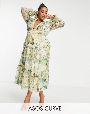 ASOS DESIGN Curve tierred ruffle midi dress with elastic waist and lace up back detail in floral print - ASOS Price Checker