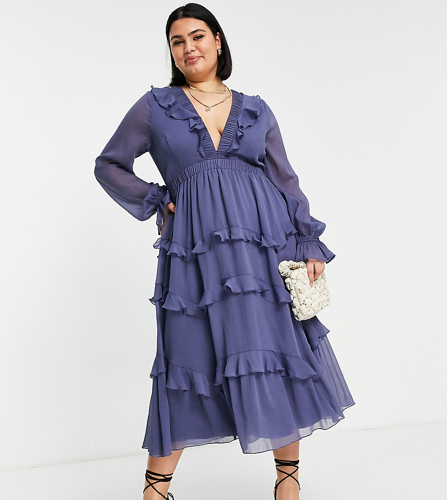 ASOS DESIGN Curve tierred ruffle midi dress with elastic waist and lace up back detail-Blue