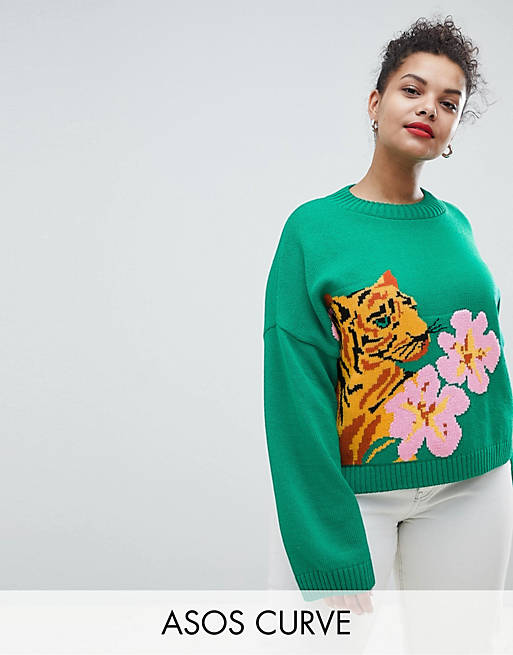 ASOS DESIGN Curve tiger sweater with tropical flower