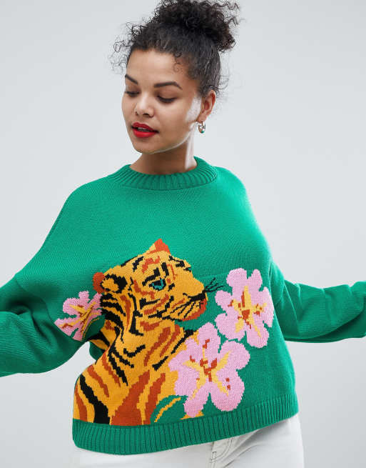 ASOS DESIGN Curve tiger sweater with tropical flower