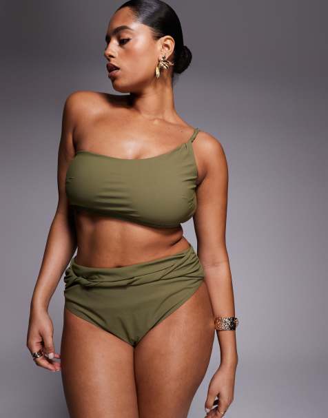 ASOS DESIGN Curve Tina Twisted paper touch high waist high leg twist front bikini bottom in khaki - view 1