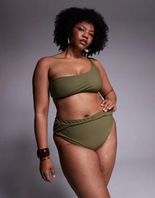 Asos Curve Asos Design Curve Tina Twisted Paper Touch High Waist High Leg Twist Front Bikini Bottoms In Green