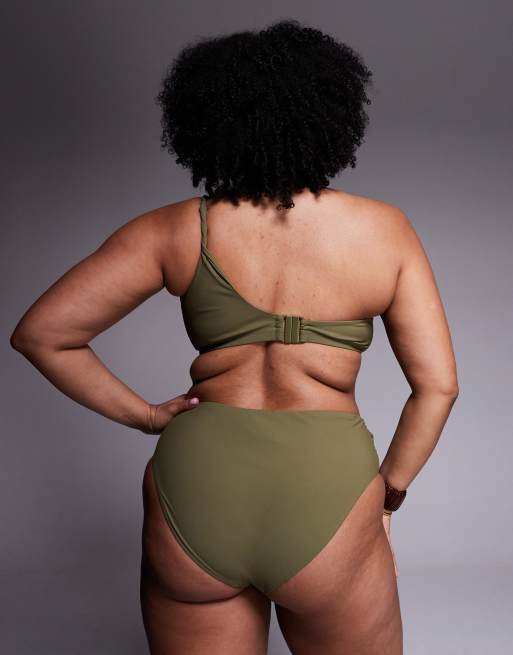 ASOS DESIGN Curve Tina Twisted paper touch one shoulder bikini crop top in khaki green, 4 of 4