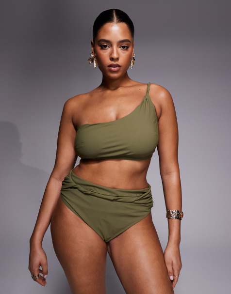 ASOS DESIGN Curve Tina Twisted paper touch one shoulder crop bikini top in khaki - view 1