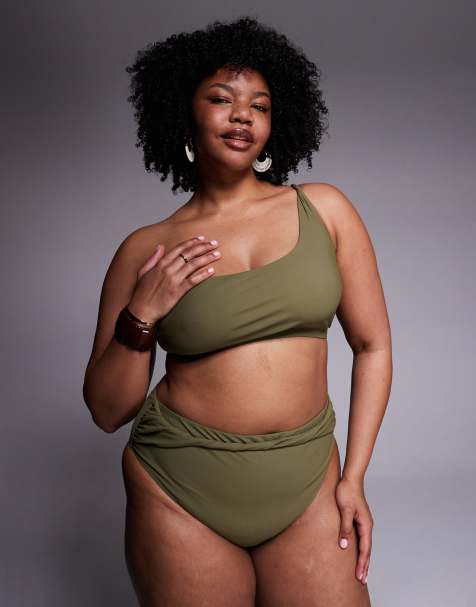 ASOS DESIGN Curve Tina Twisted paper touch one shoulder crop bikini top in khaki