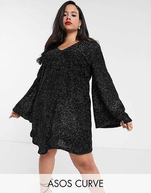 ASOS DESIGN Curve tinsel smock mini dress with bell sleeves | ASOS