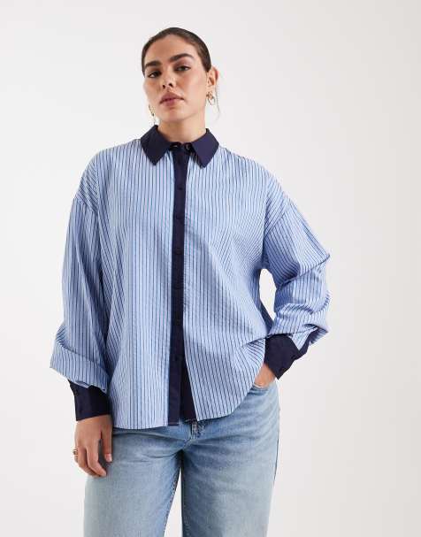 ASOS DESIGN Curve tipped contrast shirt co-ord in blue stripe