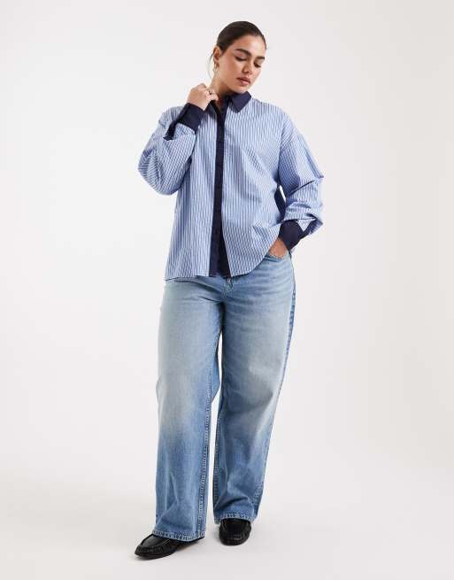 ASOS DESIGN Curve tipped contrast shirt in blue stripe - part of a set, 2 of 4