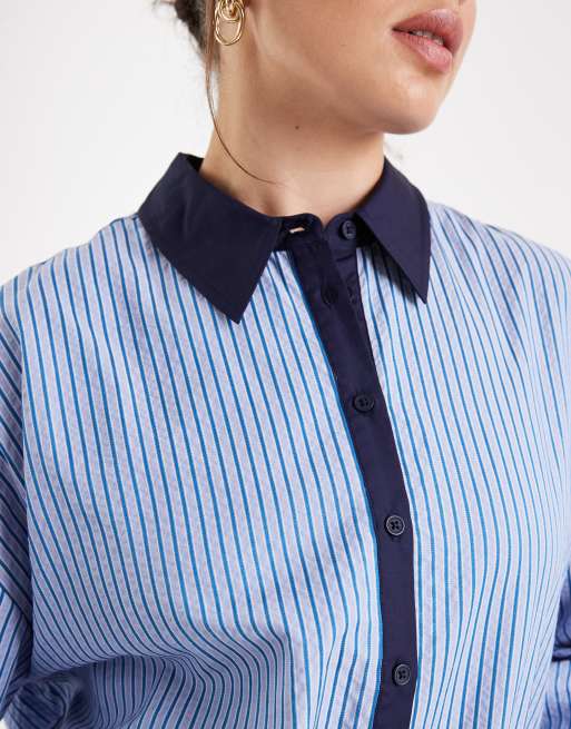 ASOS DESIGN Curve tipped contrast shirt in blue stripe - part of a set, 3 of 4