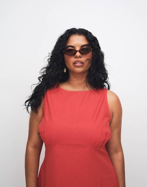 ASOS DESIGN Curve – Tomatröd solklänning i minilängd med rak halsringning, skulpterad byst och broderad fåll, 3 av 8