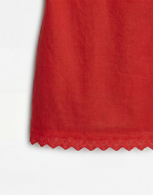 ASOS DESIGN Curve – Tomatröd solklänning i minilängd med rak halsringning, skulpterad byst och broderad fåll, 8 av 8
