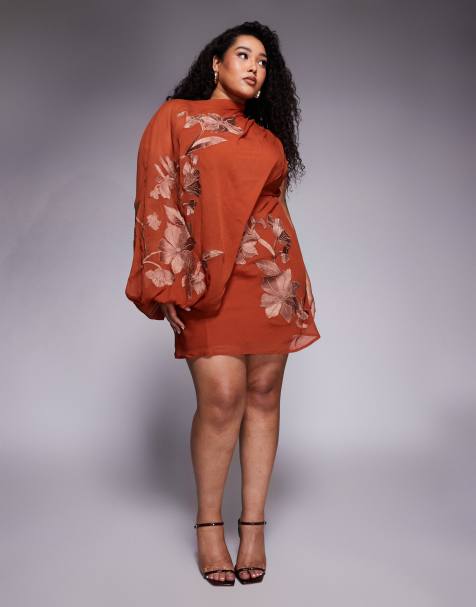 ASOS DESIGN Curve tonal embroidery high neck draped asymmetric mini dress with cut out in rust - view 1