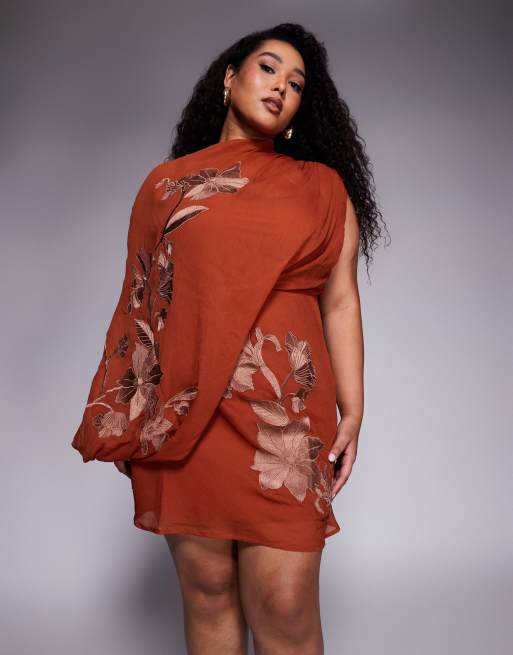 ASOS DESIGN Curve tonal embroidery high neck draped asymmetric mini dress with cut out in rust