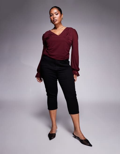 ASOS DESIGN Curve - Top à col V semi-transparent avec manches longues - Bordeaux, 2 de 4