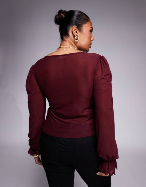 ASOS DESIGN Curve - Top à col V semi-transparent avec manches longues - Bordeaux, 3 de 4