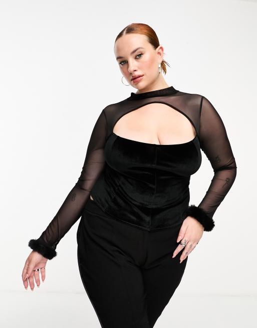 ASOS DESIGN Curve - Top a corsetto in velluto nero con maniche in rete
