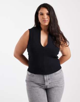 ASOS DESIGN Curve - Top à décolleté plongeant en coton compact - Noir XL
