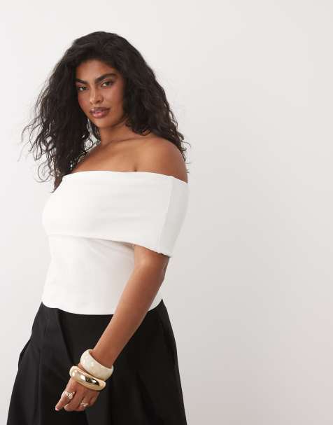 ASOS DESIGN Curve - Top à encolure Bardot en coton compact - Crème - view 1