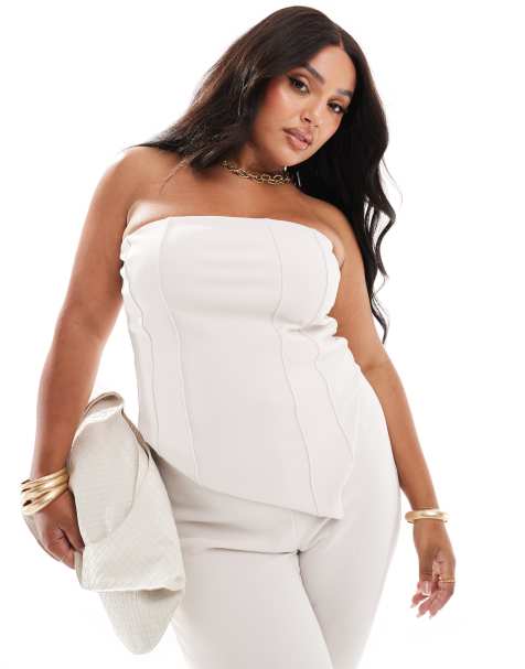 ASOS DESIGN Curve - Top a fascia a corsetto color crema a coste in coordinato - view 1