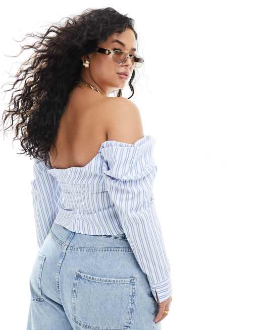 ASOS DESIGN Curve - Top a fascia arricciato a righe con spalle scoperte, 3 di 4