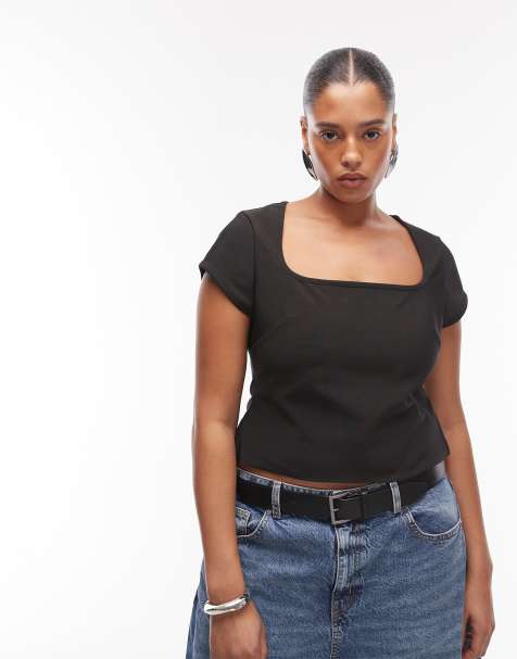 ASOS DESIGN Curve - Top à mancherons et encolure carrée - Noir - view 1