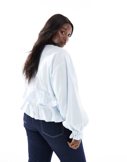 ASOS DESIGN Curve - Top à manches longues avec volants et liens à nouer - Bleu rayé, 2 de 4