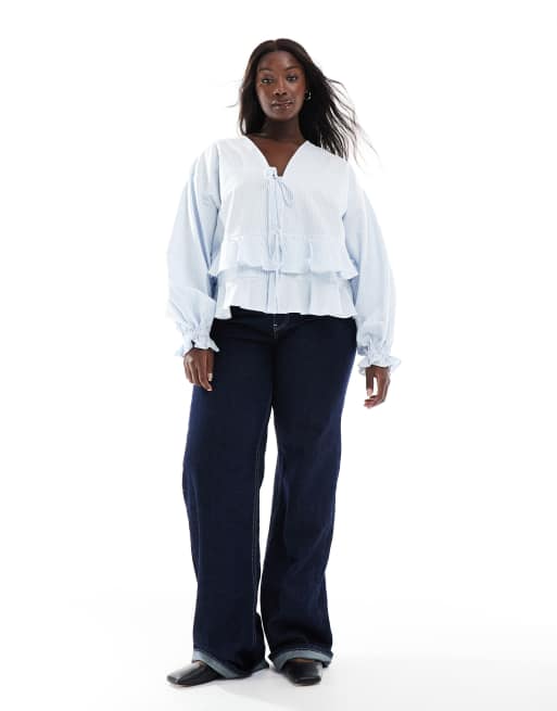 ASOS DESIGN Curve - Top à manches longues avec volants et liens à nouer - Bleu rayé, 3 de 4