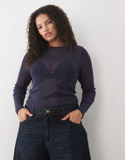 ASOS DESIGN Curve top à manches longues en mesh texturé avec hotfix, bleu marine, 3 de 4
