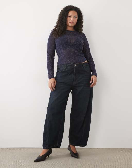 ASOS DESIGN Curve top à manches longues en mesh texturé avec hotfix, bleu marine, 4 de 4