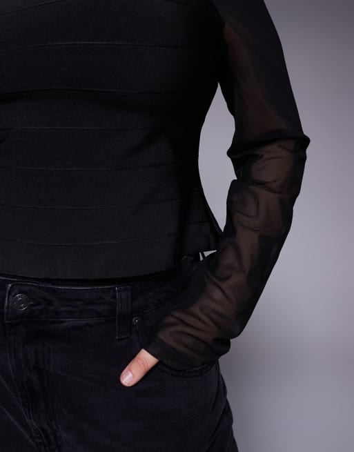 ASOS DESIGN Curve - Top à manches longues en tulle avec empiècement style bandage - Noir, 3 de 4