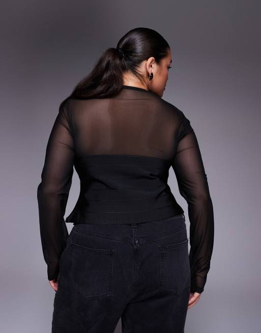 ASOS DESIGN Curve - Top à manches longues en tulle avec empiècement style bandage - Noir, 4 de 4