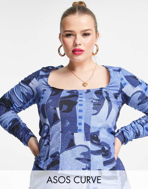 ASOS DESIGN Curve - Top à manches longues et encolure carrée façon corset - Imprimé graphique