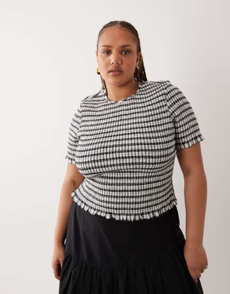 ASOS DESIGN Curve - Top a maniche corte a quadretti arricciato con fiocco - view 1