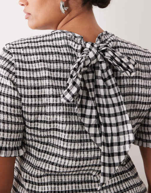 ASOS DESIGN Curve - Top a maniche corte a quadretti arricciato con fiocco, 3 di 4