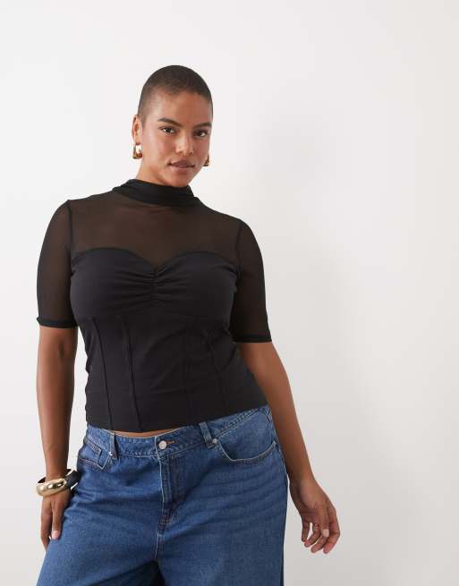 ASOS DESIGN Curve top a maniche corte con collo alto in misto cotone e rete con dettaglio sul busto nero, 1 di 4