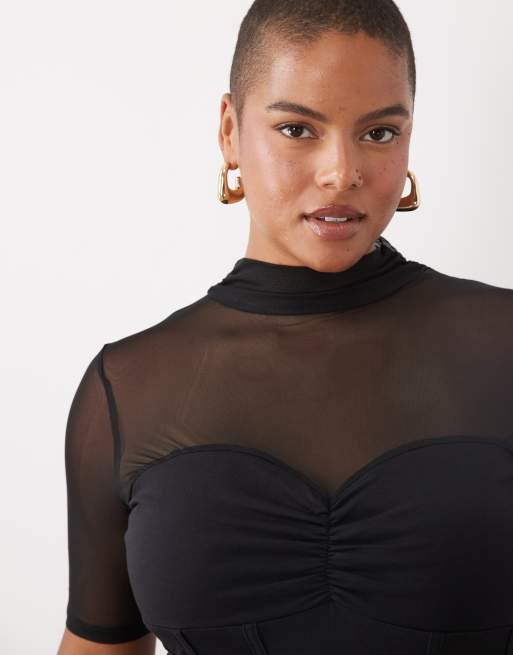 ASOS DESIGN Curve top a maniche corte con collo alto in misto cotone e rete con dettaglio sul busto nero, 3 di 4